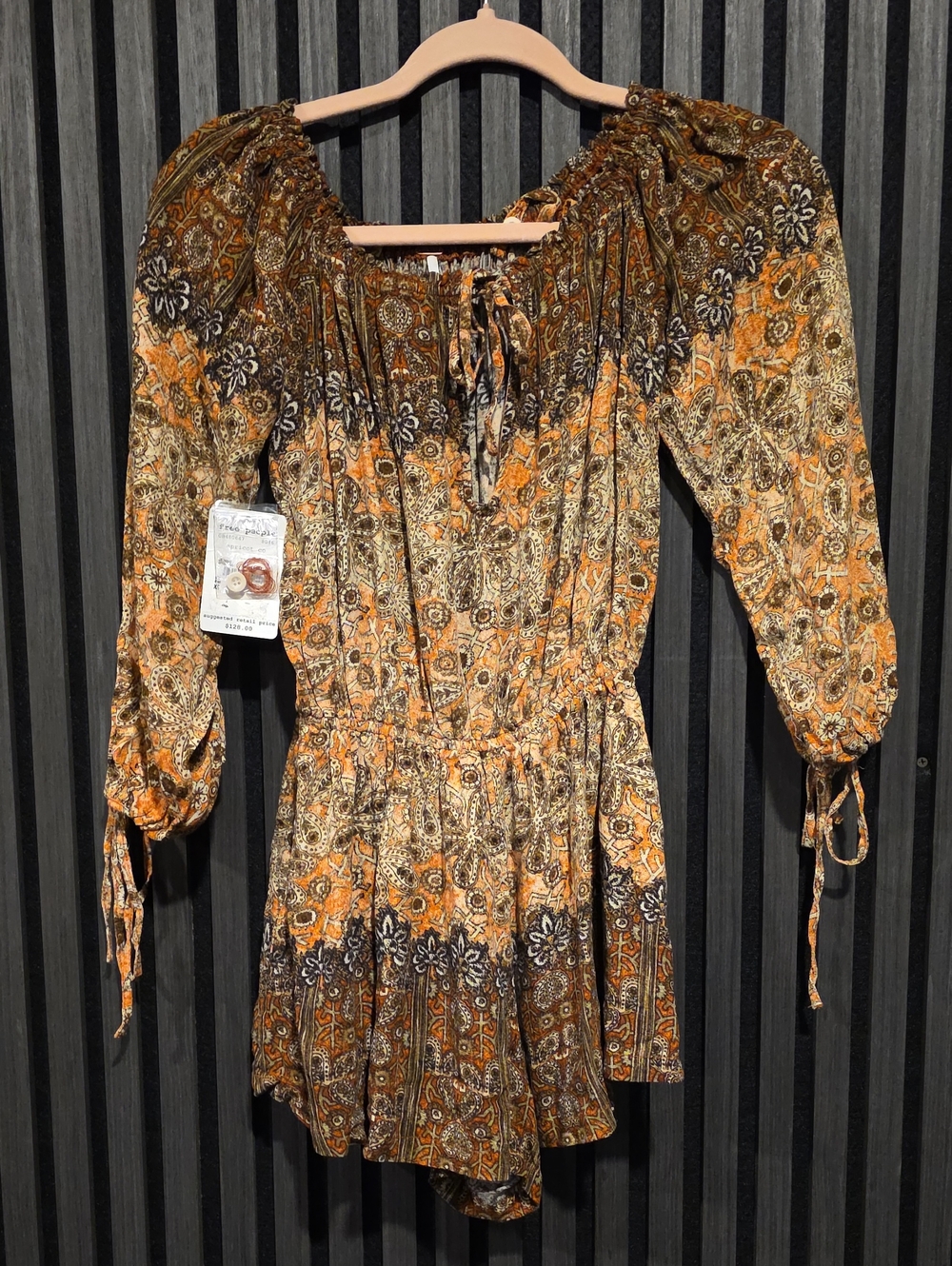 Free People Long Sleeve Floral Romper in Orange and Brown  NWT